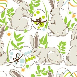 easter cartoon  seamless pattern, rabbits and painted eggs