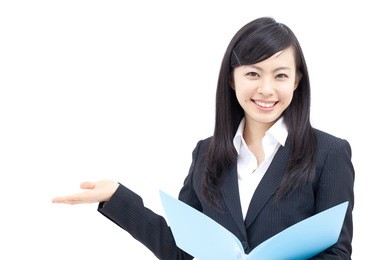 young business woman holding a file, isolated on white background