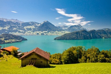 beautiful view to lake lucerne (vierwaldstattersee) and mountain pilatus from rigi, swiss alps