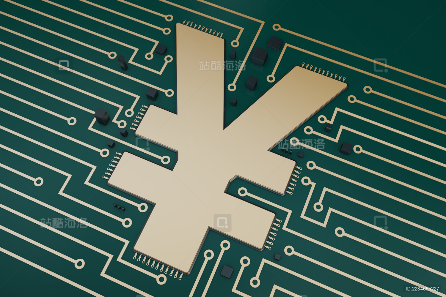 货币符号和电路板Currency symbols and circuit board