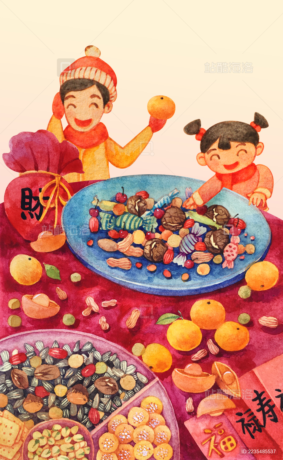 除夕吃年夜饭办年货年水彩插画