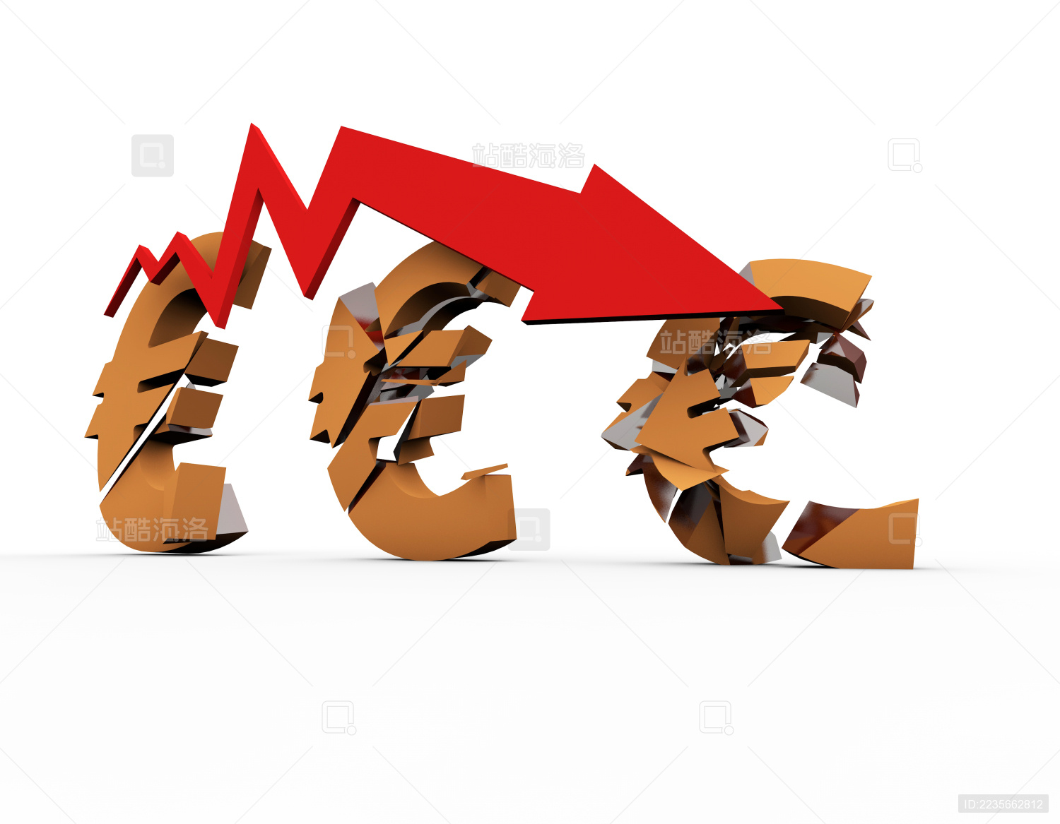 金融经济衰退 货币贬值 下降的箭头 欧元符号