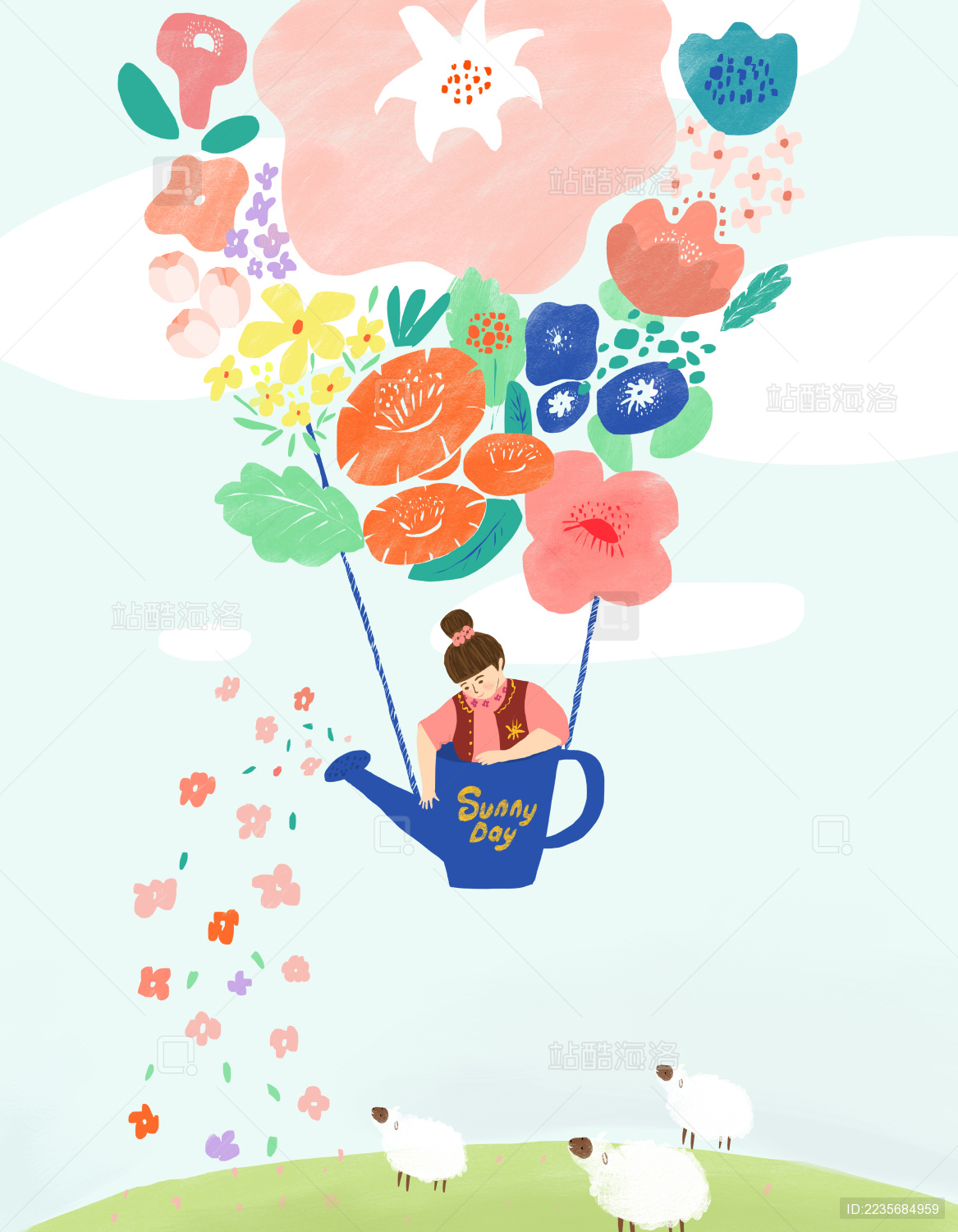  热气球 小女孩 儿童节 花篮 牧场  羊群 春季 插画