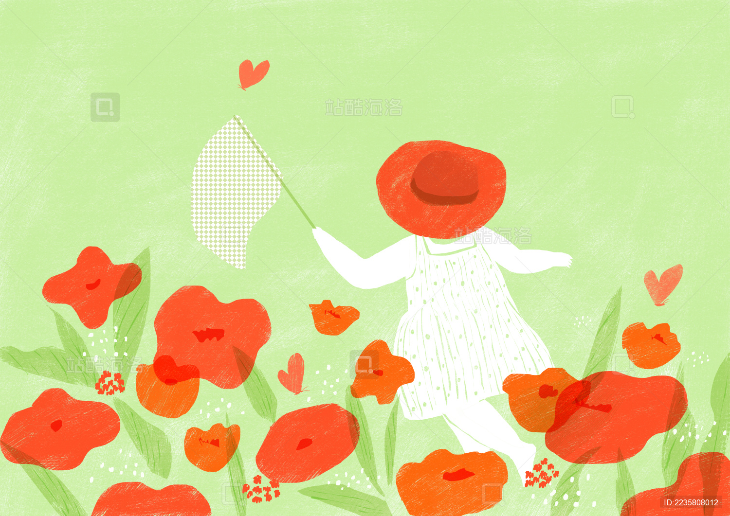 春天花丛中 捕捉蝴蝶 小女孩  