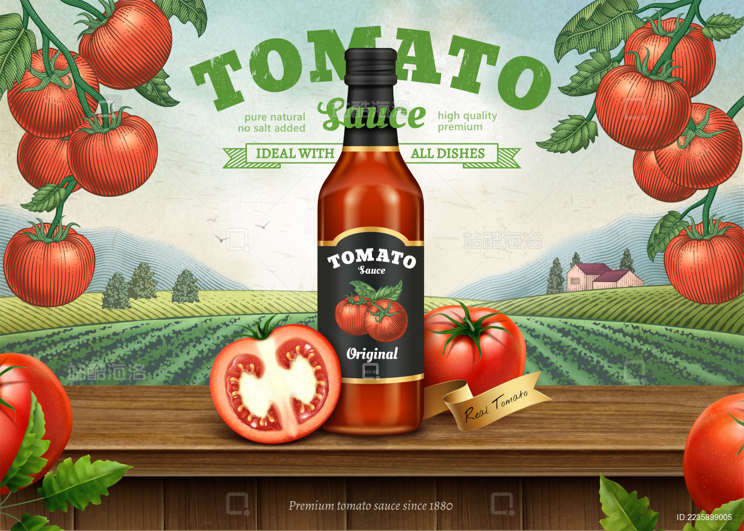 田园风复古番茄酱广告  线条刻蚀风格