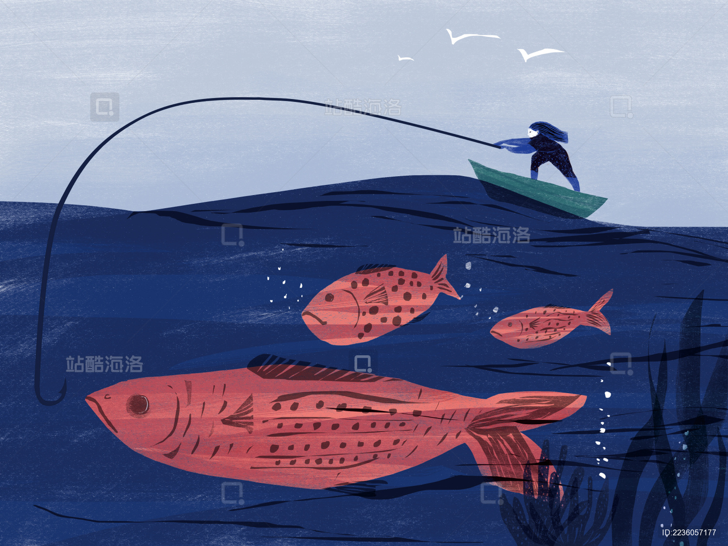 海钓女性海洋中钓大鱼