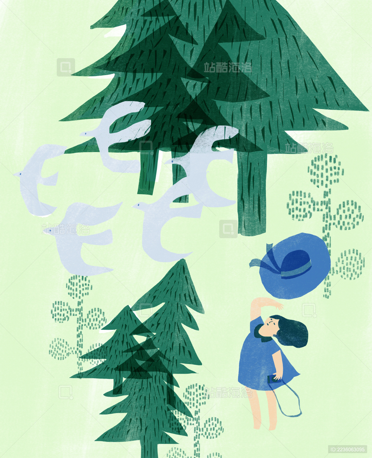 仰望 森林里 飞翔白鸽的 蓝裙子女孩 清新插画