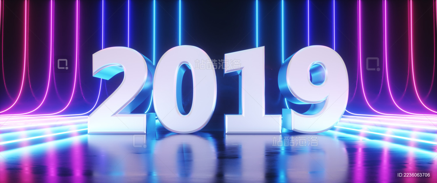  新年快乐2019年3D渲染图 未来派科幻抽象蓝色和紫色霓虹灯形状在黑色背景和反光混凝土与空的空间