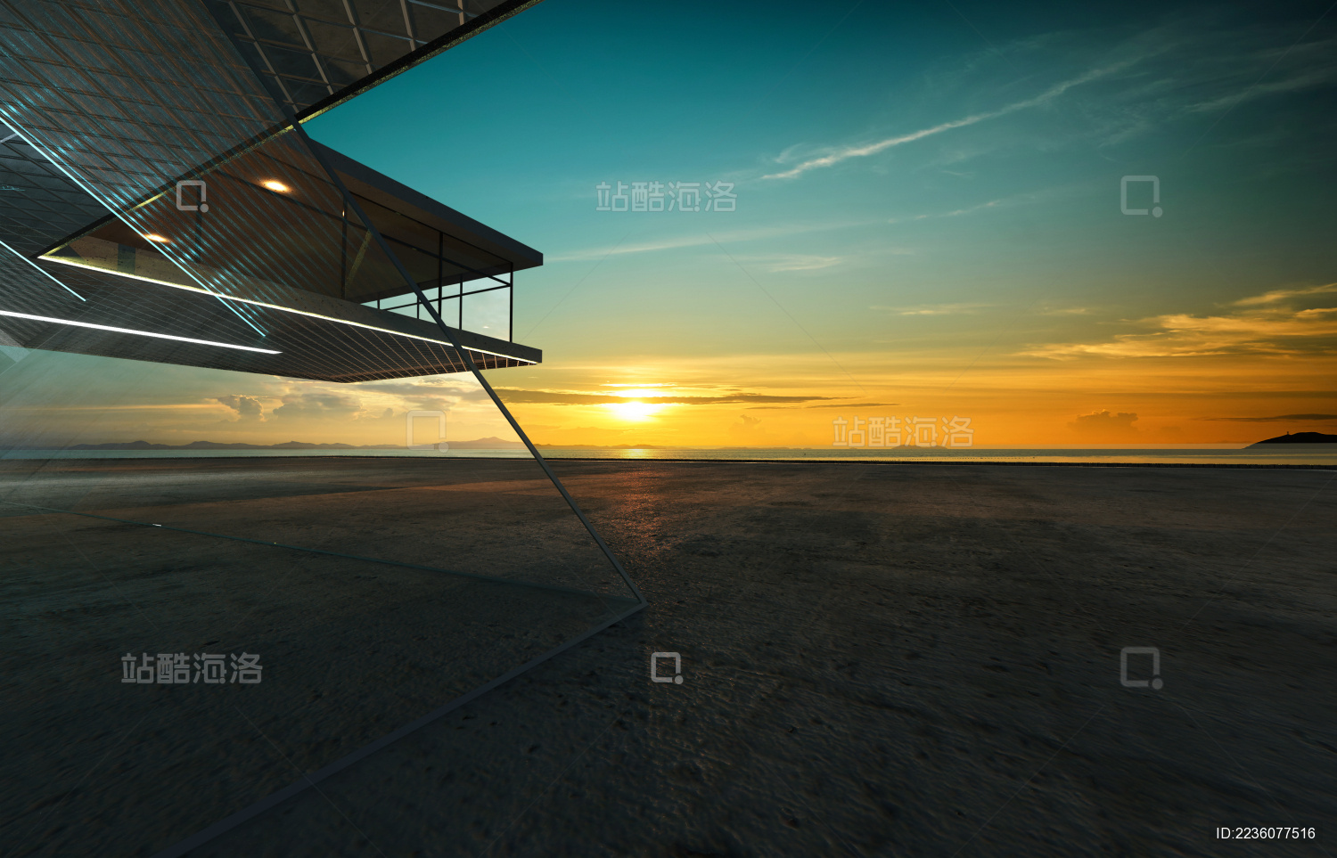 3D摩登科幻感的露台与日出城市景色