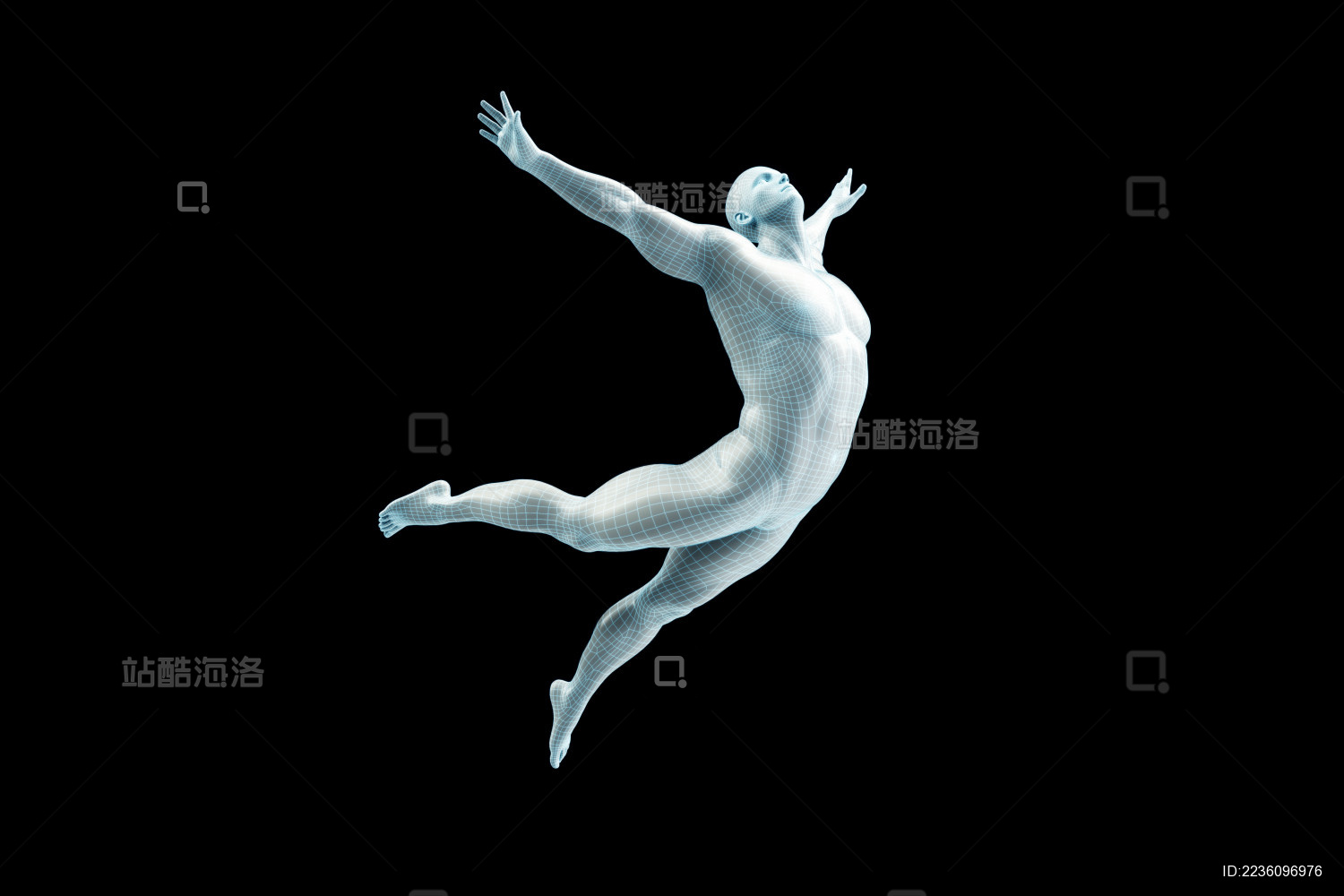 3D渲染 有肌肉感的强壮的男性身体在纯色黑背景下跳跃 健康 生活习惯和运动健身概念的抽象创意背景