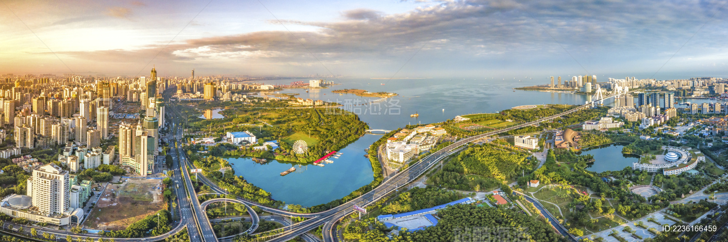 Aerial View of Buildings and Parks in Binhai Central Business District and Parks of Haikou City in Hainan Island of China