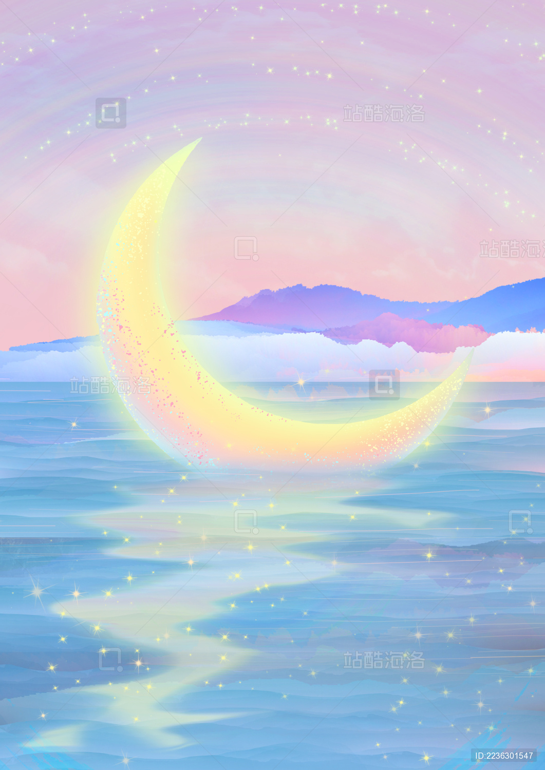 美丽的夜晚 月亮融化在发光的河流里发出淡淡光彩 星光在闪烁抽象插画海报