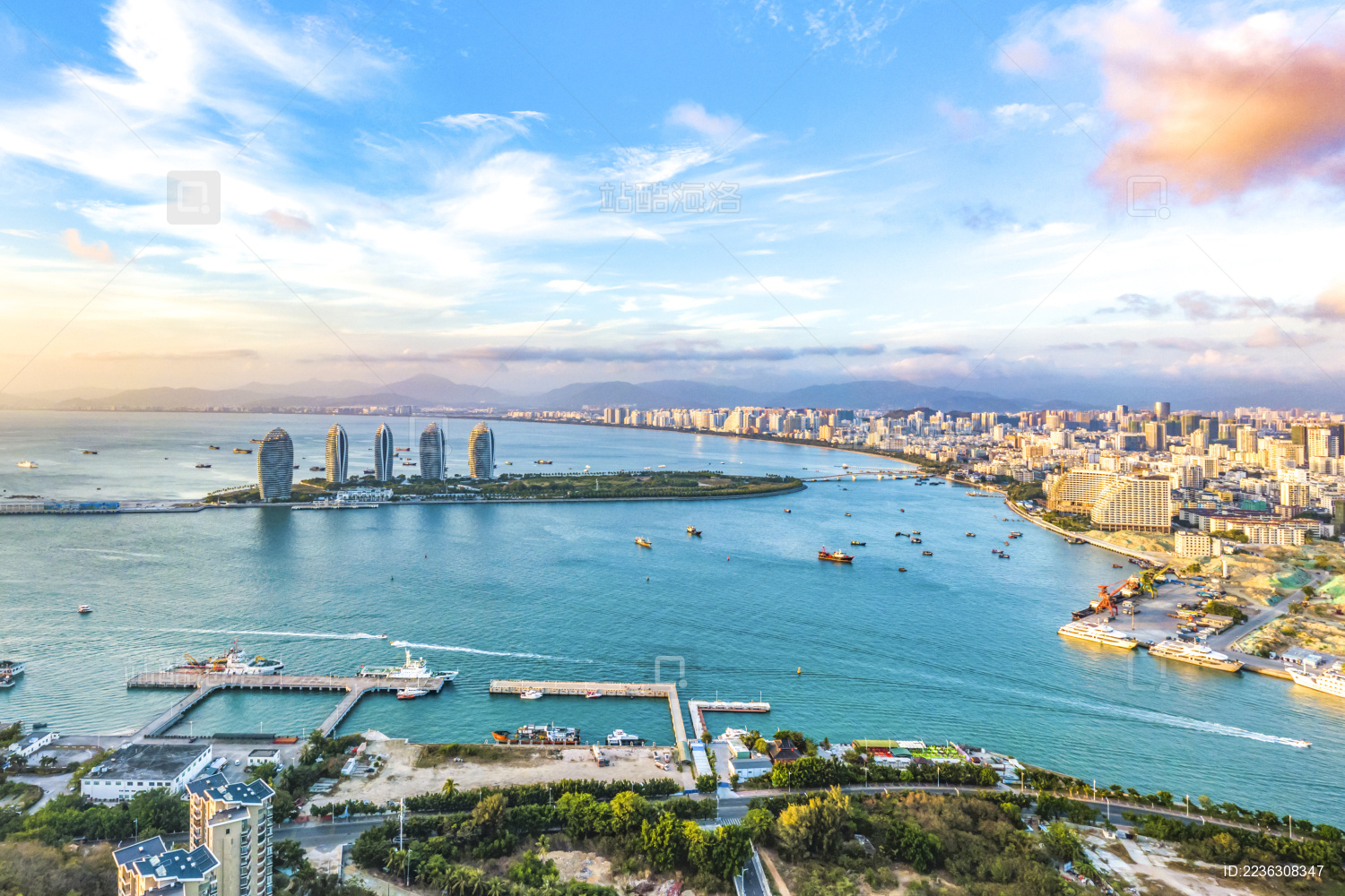 Aerial View of Cruise Home Port and Luxury Hotels on Phoenix Island  Landmark Architecture of Sanya City  Hainan Province  China