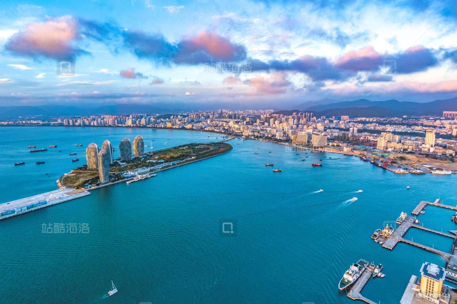 Aerial View of Cruise Home Port and Luxury Hotels on Phoenix Island  Landmark Architecture of Sanya City  Hainan Province  China
