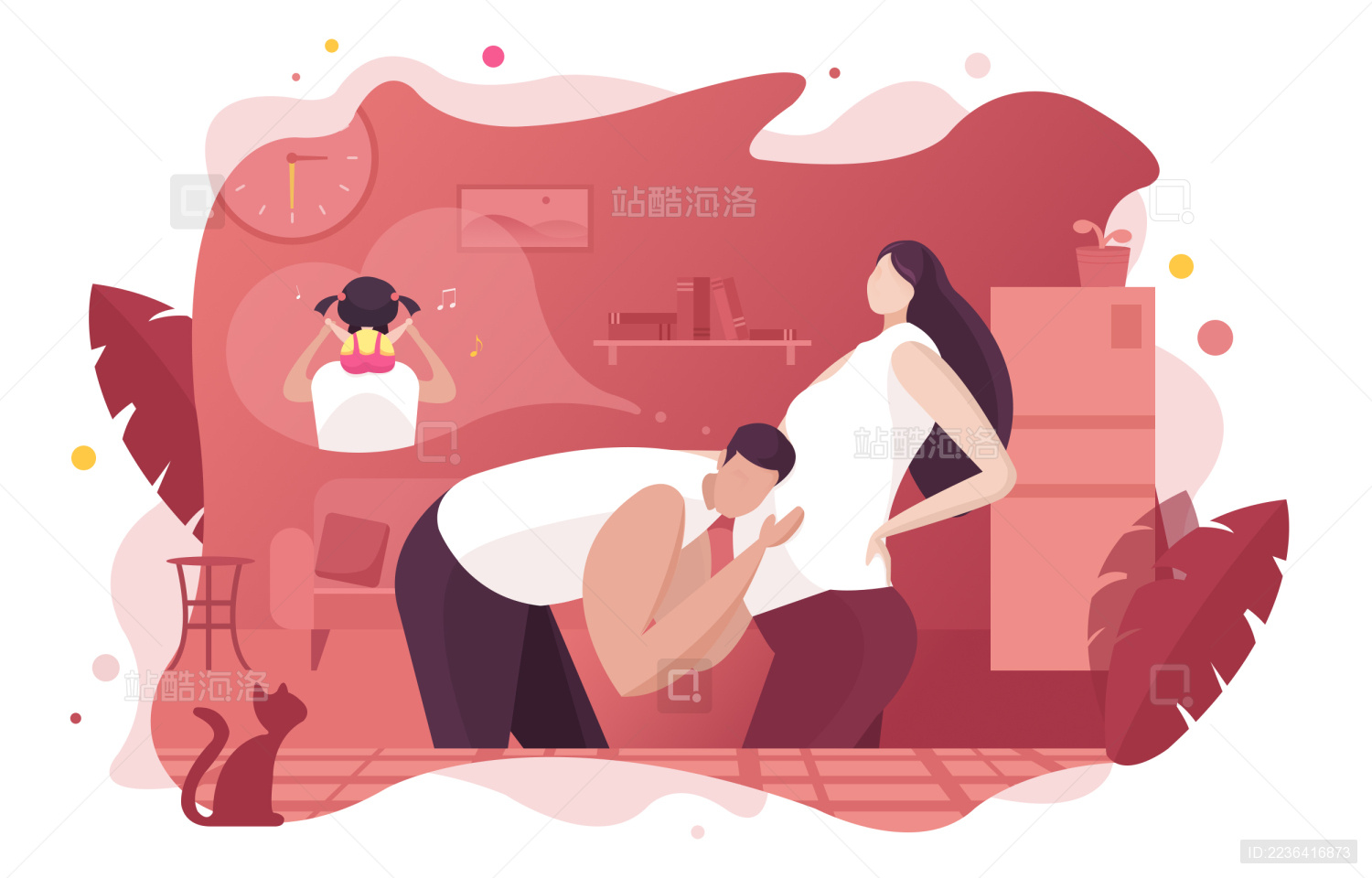 男子俯身靠在怀孕的妻子肚子旁插画