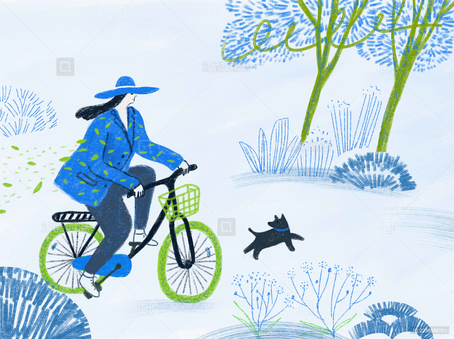 户外骑自行车的少女和狗狗