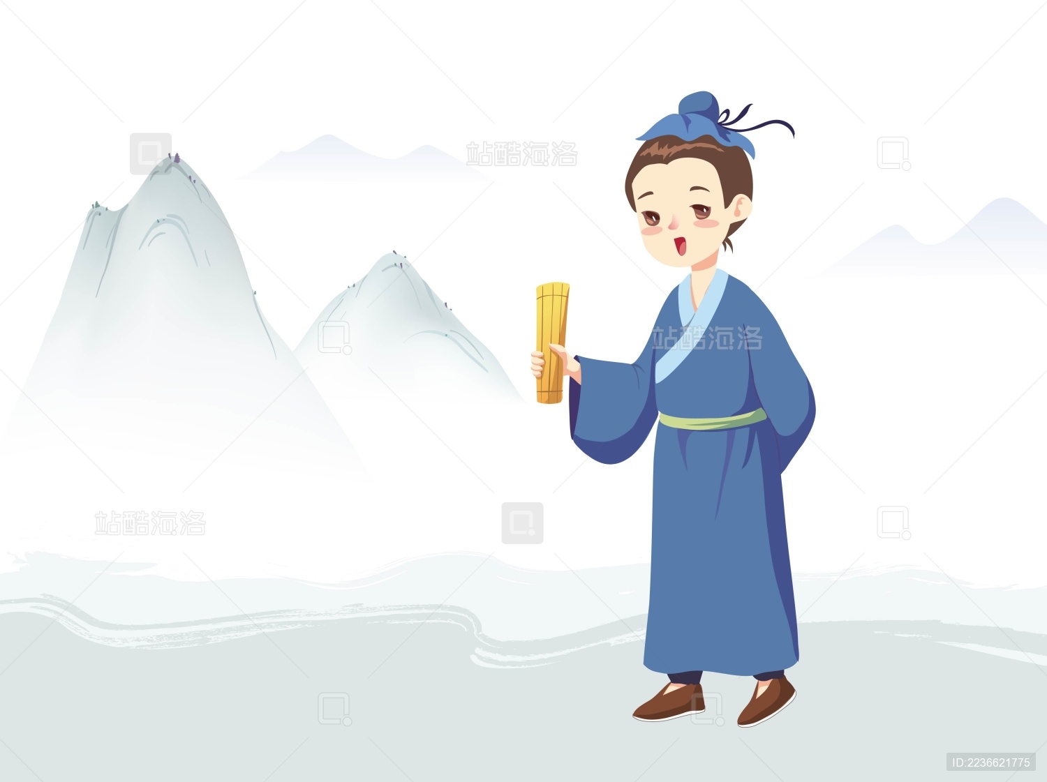 手拿竹简的古代读书人和远山背景