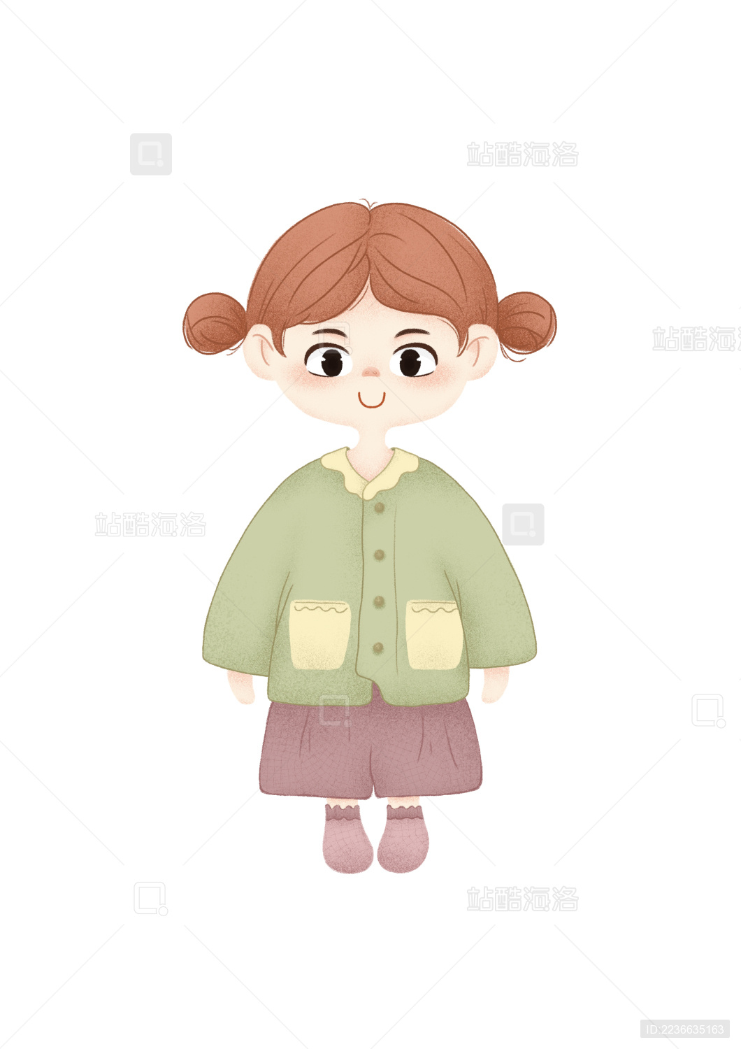 手绘扎丸子头可爱的小女孩