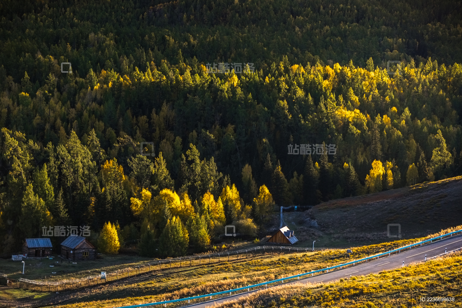 中国新疆喀纳斯原始森林的黄昏小木屋