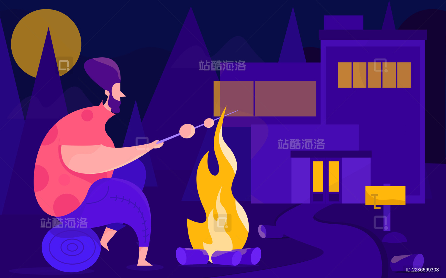 公司团队旅游夜晚烧烤的男人矢量扁平商业插画