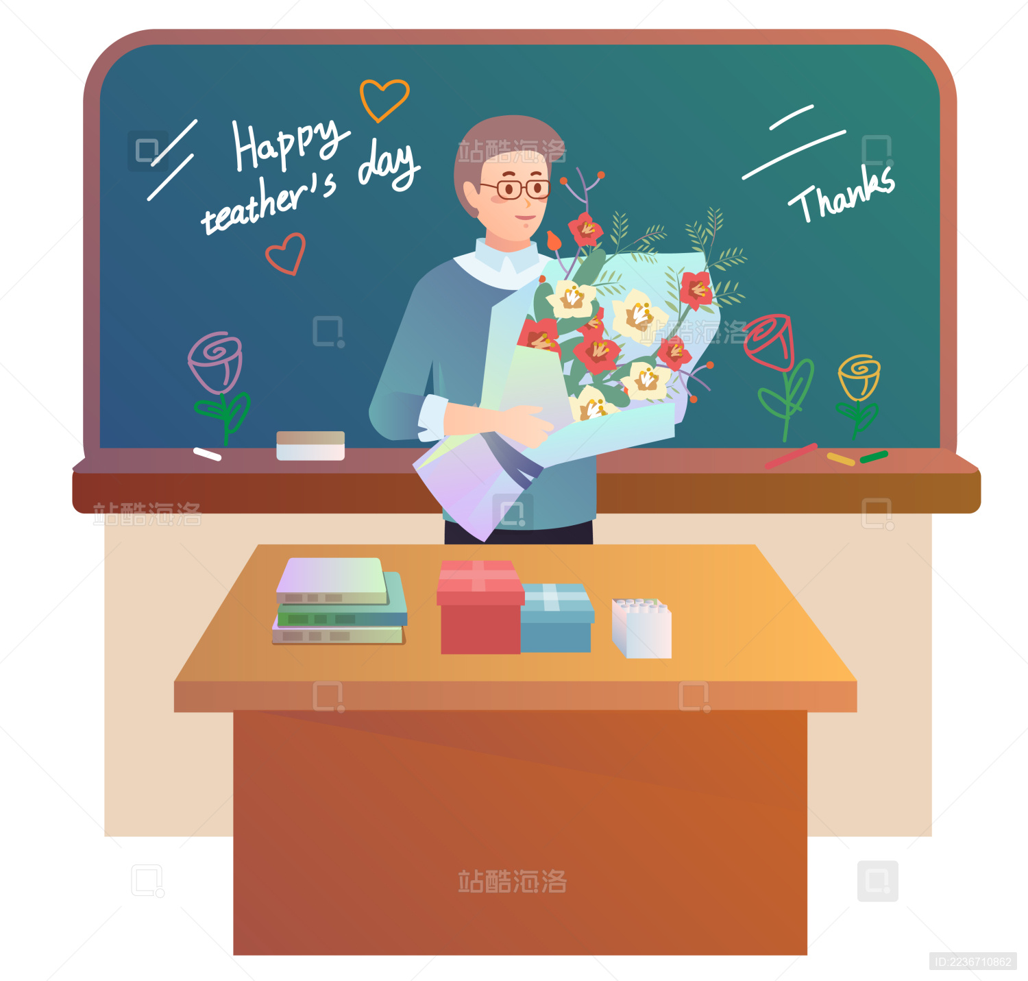 教师节送花给老师扁平人物插画