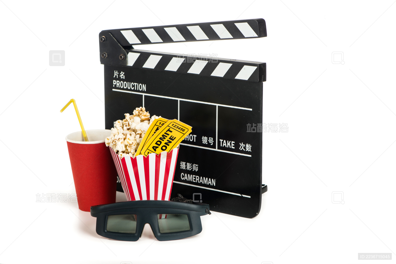 电影票爆米花3D眼镜的组合