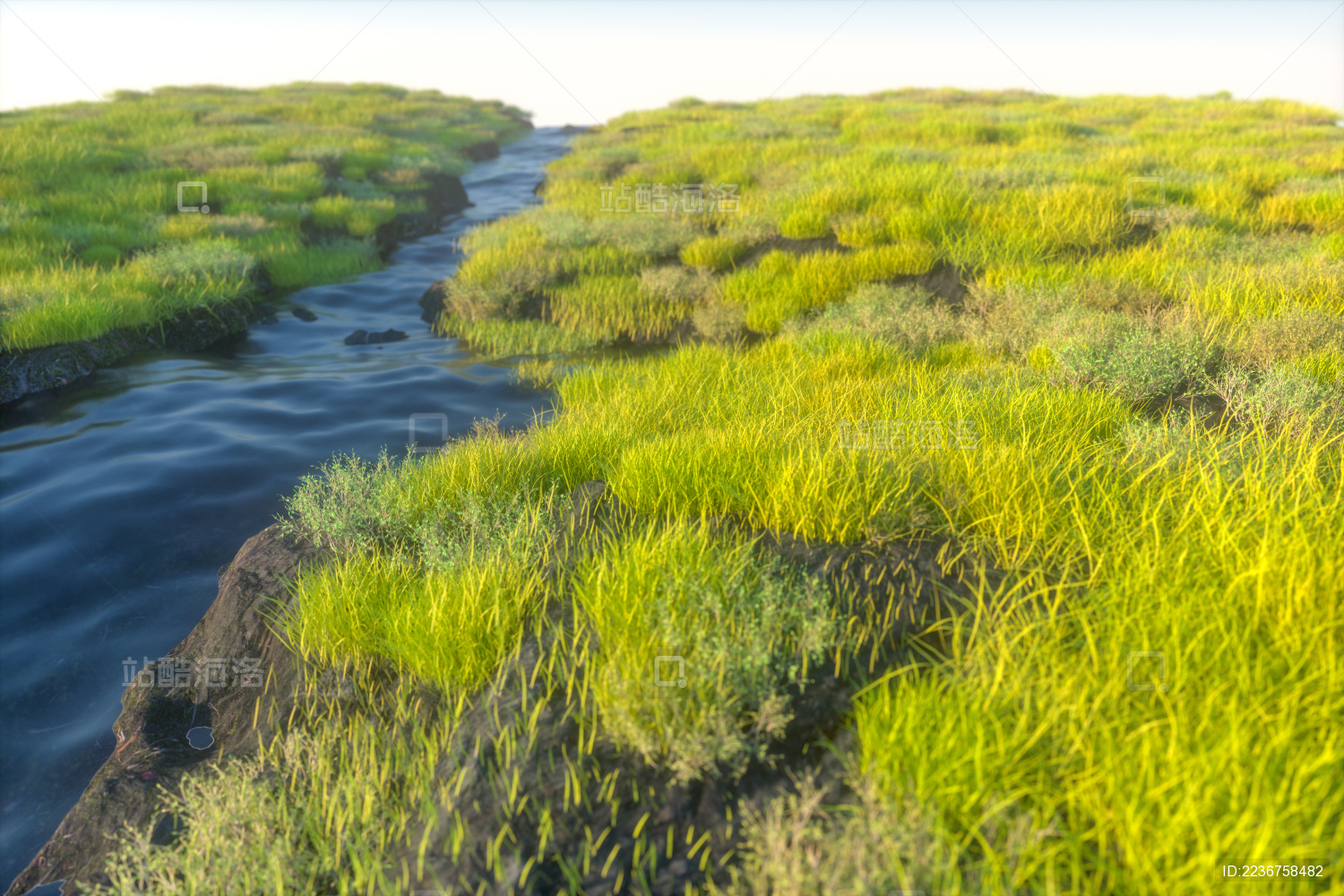 山间流淌的溪流与两边的绿色植物 三维渲染