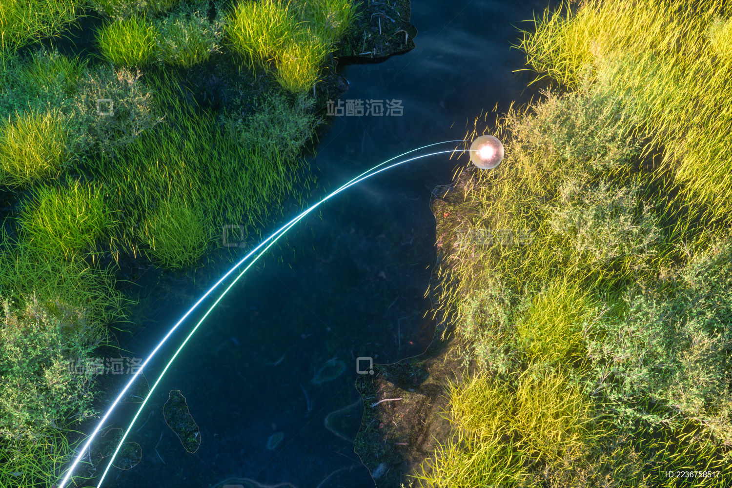 河流上飞过的精灵与两边的绿色植物 三维渲染