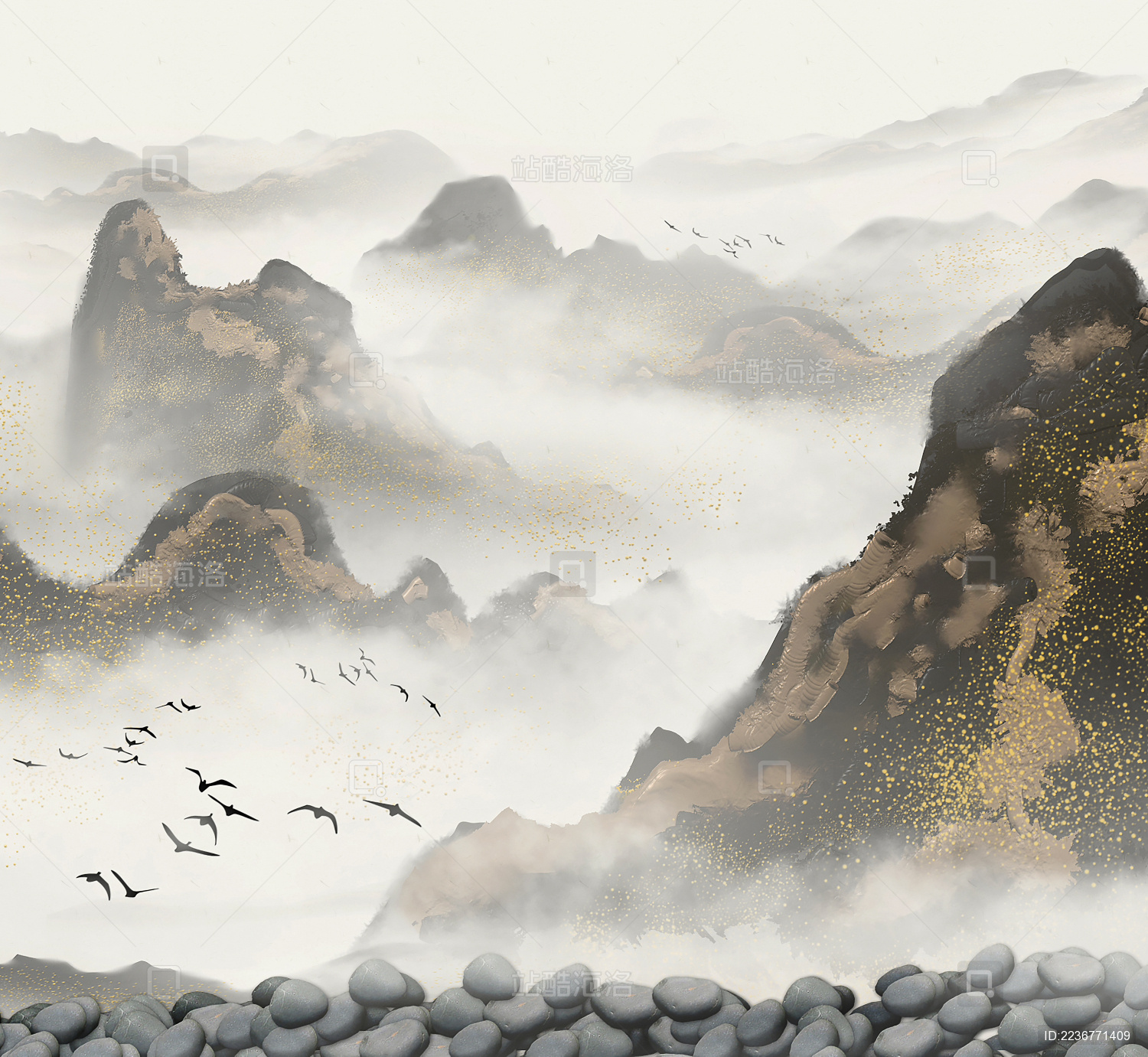 手绘中国风水墨意境山水风景画