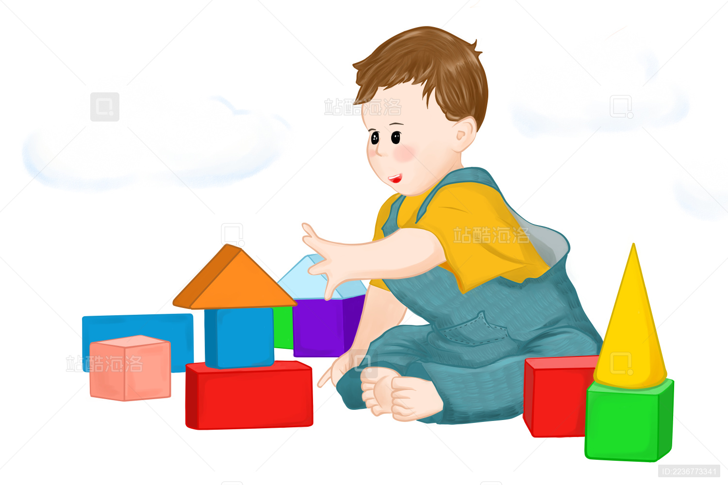 小孩子坐在地上玩积木手绘插画