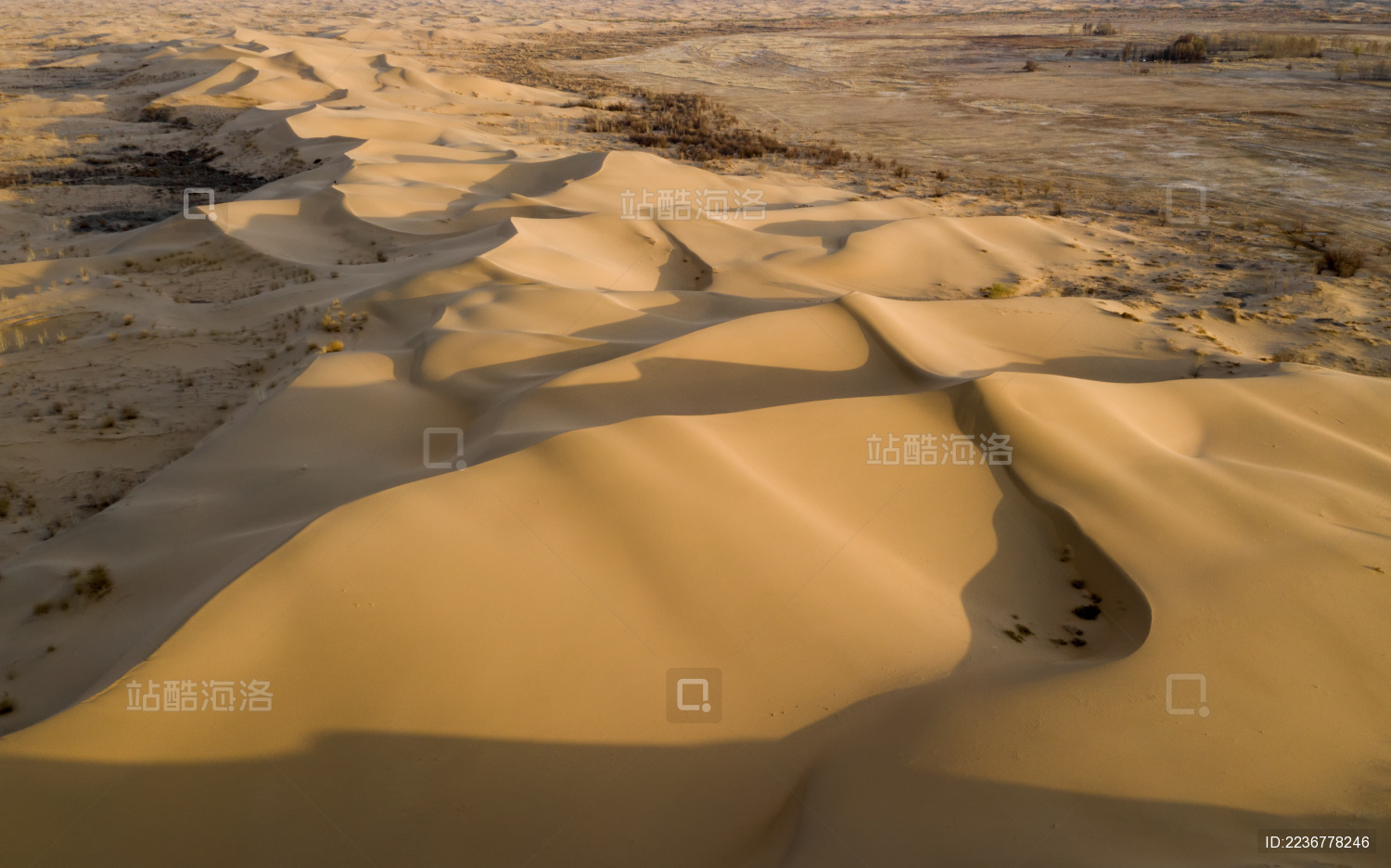 中国库布齐沙漠景区航拍 一望无际的明暗对比的沙丘荒漠