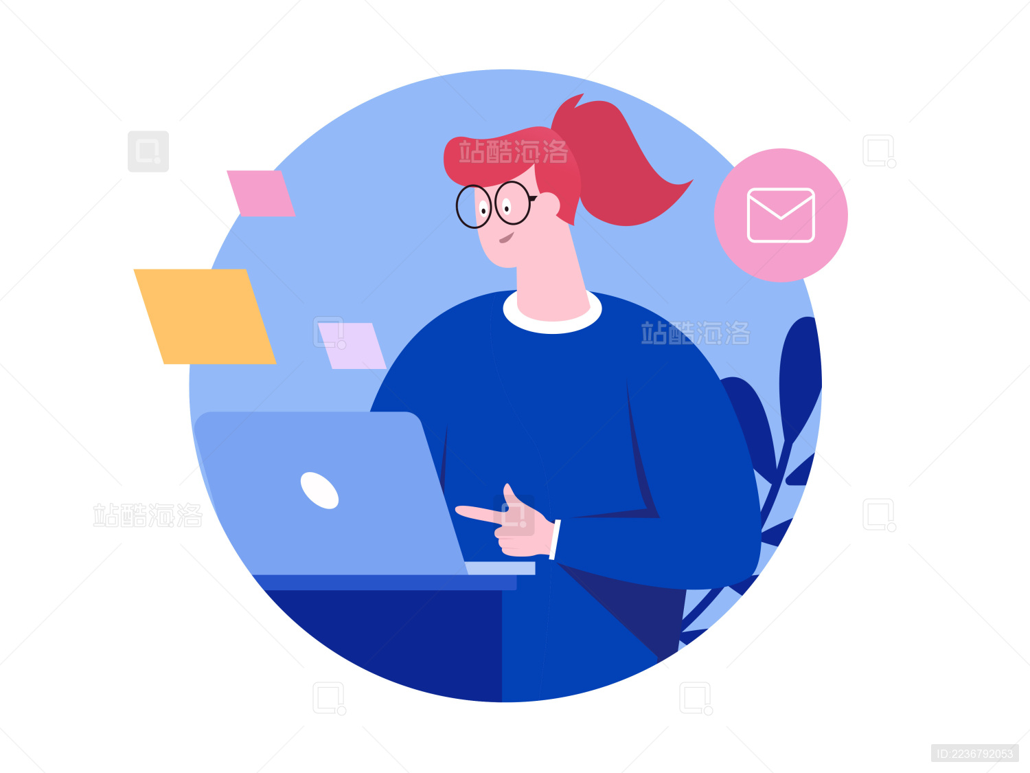 白领女子通过电脑查看邮件获取更多信息 概念插画