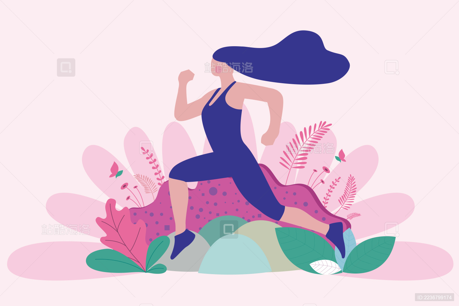 一个健美女性在花草丛间轻盈的跑步做健身运动--扁平化插画      