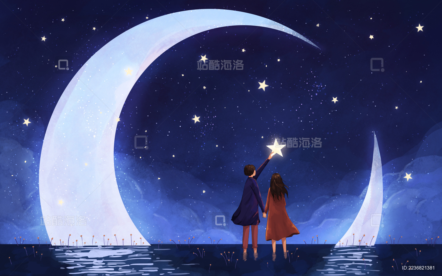 夜空下站在水中牵手的情侣摘星星