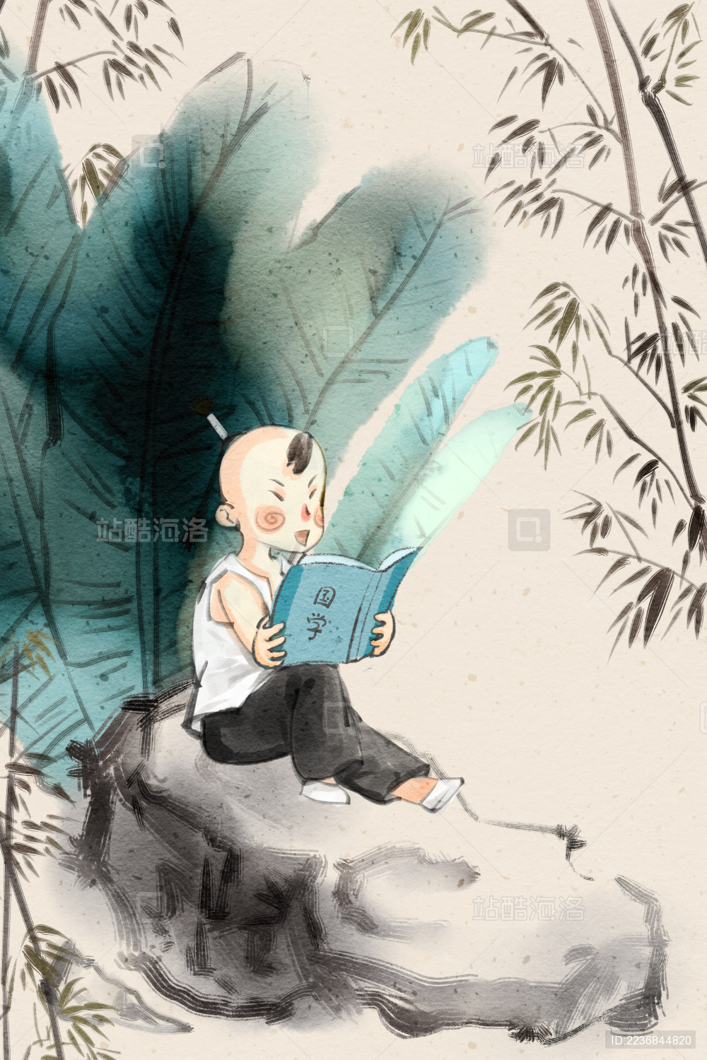 男童坐在芭蕉树下的石头上面读书学习 中国风水墨插画