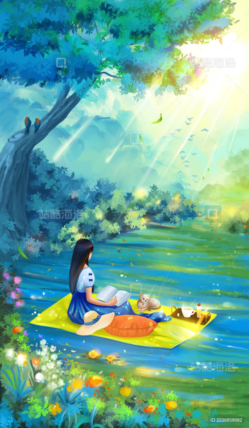 树荫下野餐看书的女孩温馨插画 春夏外出郊游插画