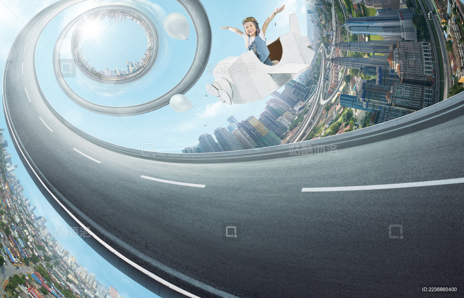 小女孩坐在纸飞机飞过抽象的扭曲城市地平线与转动的高速公路。