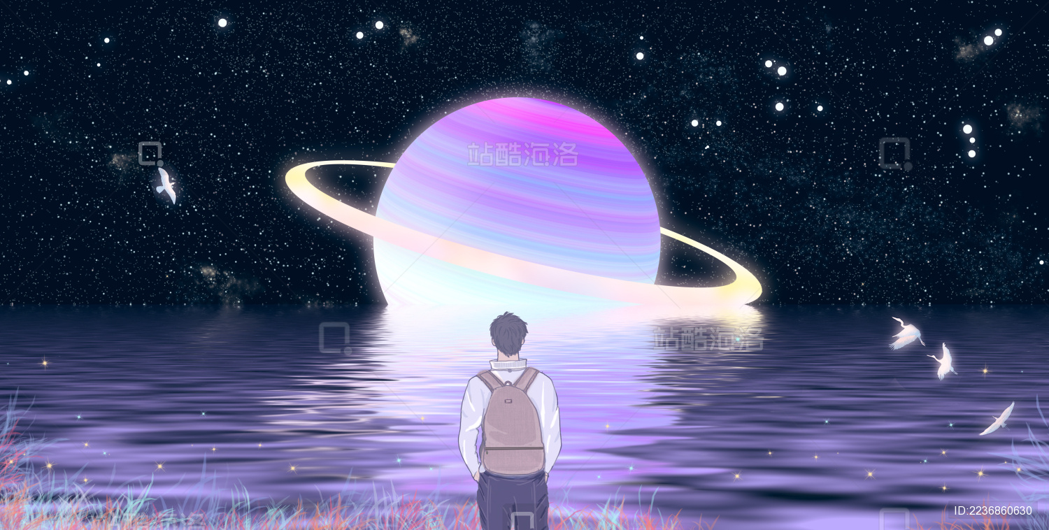 一个发光的星球静静地躺在河面上 背包青年仰望星空美景超现实插画背景海报