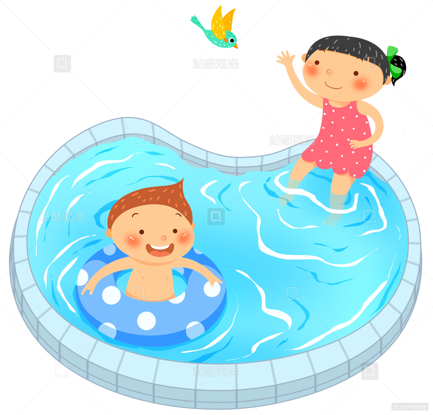 卡通手绘游泳的小孩清爽夏日插画