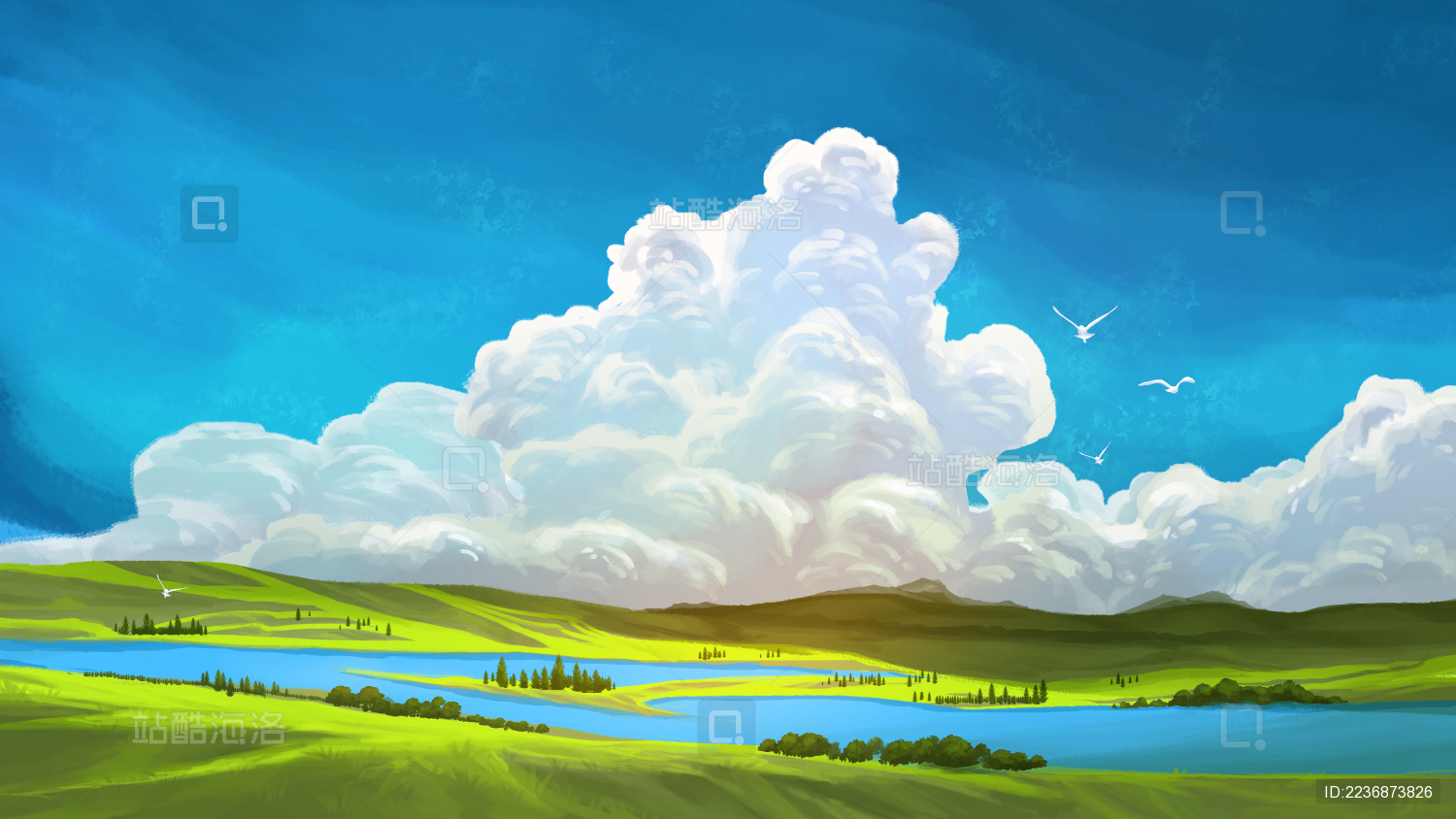 蓝天白云下的春季大草原风景 数码绘画 写实插画