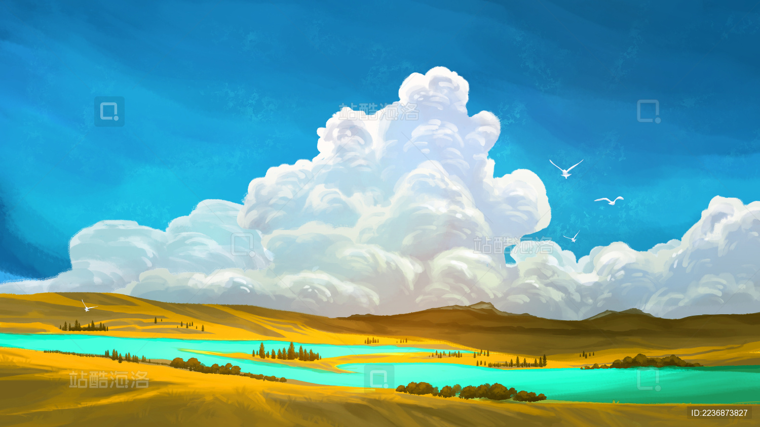 蓝天白云下的秋季大草原风景 数码绘画 写实插画