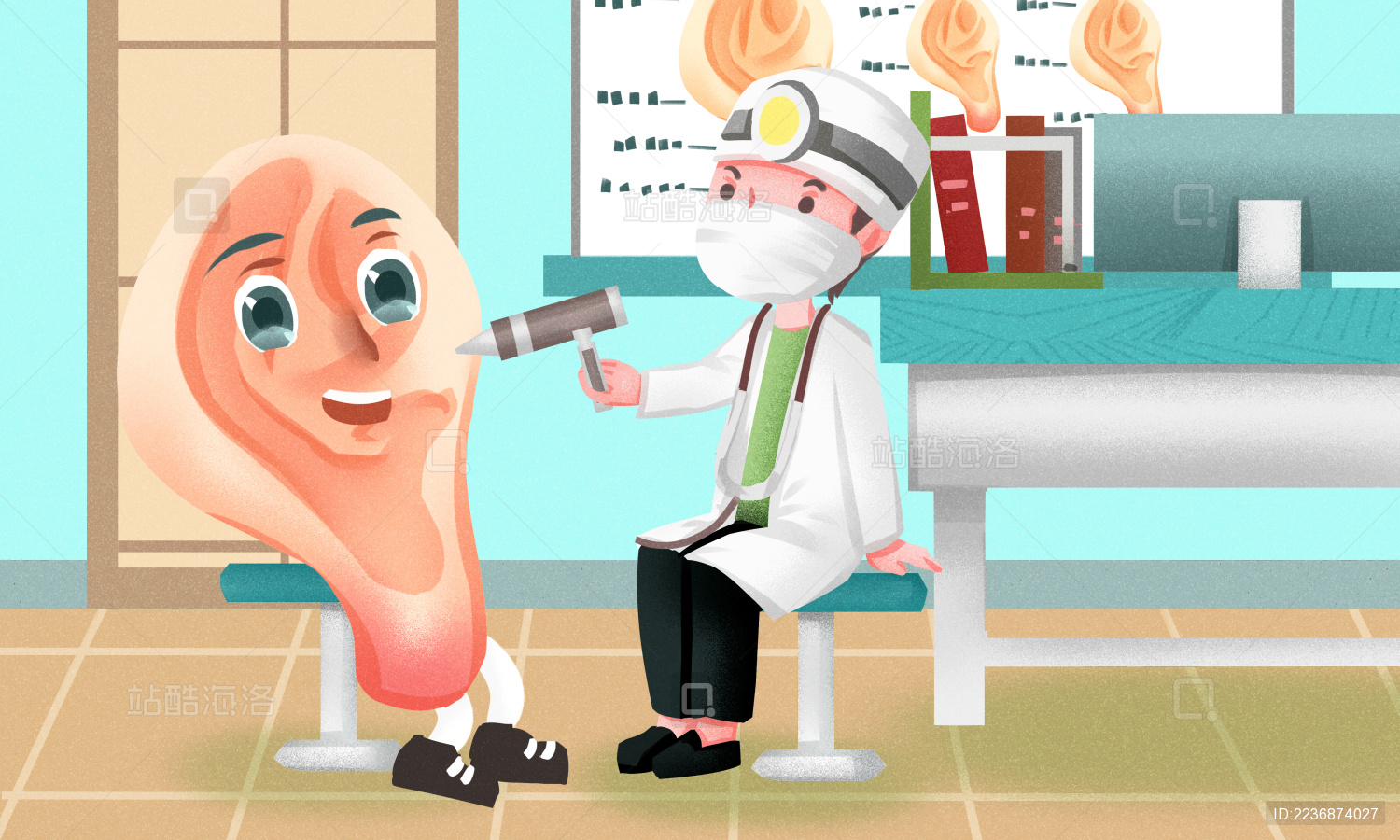 医生在医院给耳朵做听力检查 小清新风格国际聋人节插画