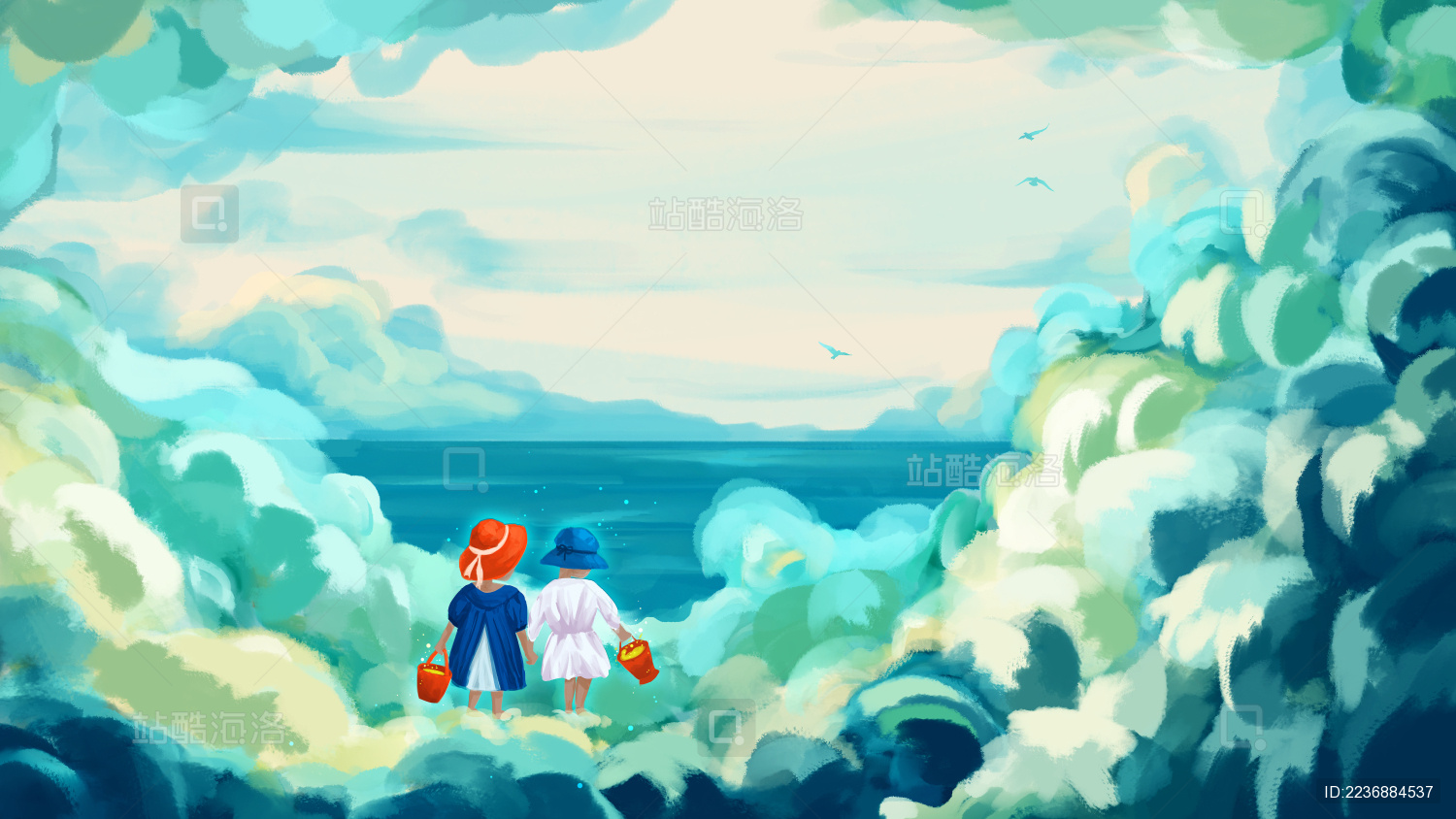 两个站在云端手提颜料桶的孩子 数码绘画