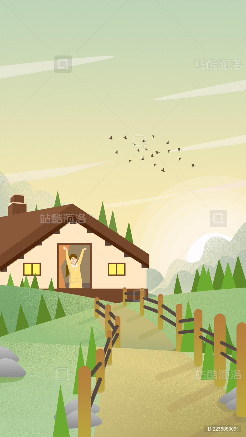 一个小女孩清晨在舒适的乡村民宿起床