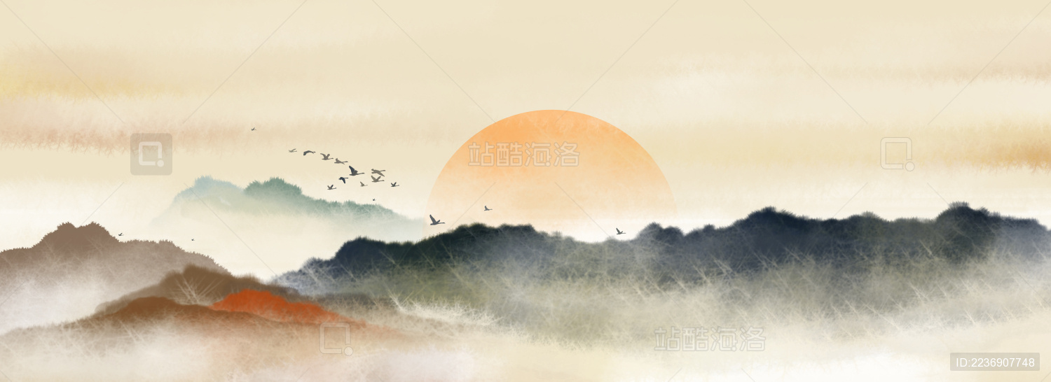 新中式早晨的日出水墨山水画 传统东方水墨插画