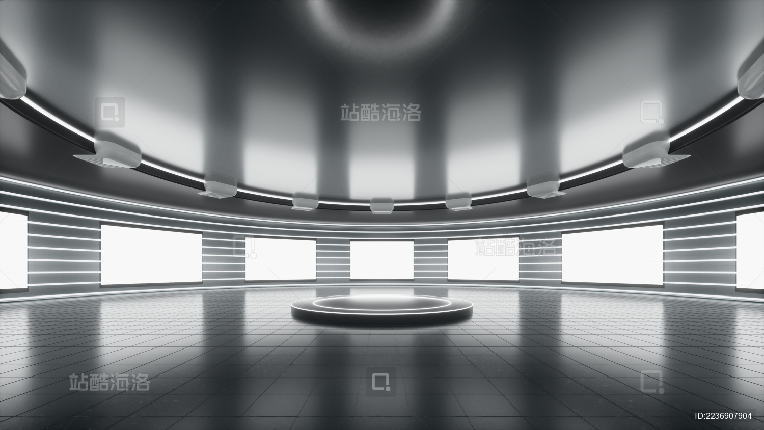 带有科技感的银白色产品展示展览空间 —— 3d渲染