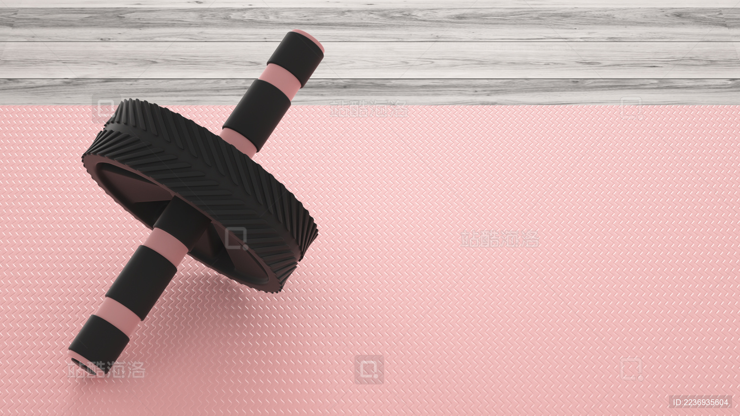 健身题材的木质地板上的塑胶健腹轮和瑜伽垫 3d渲染