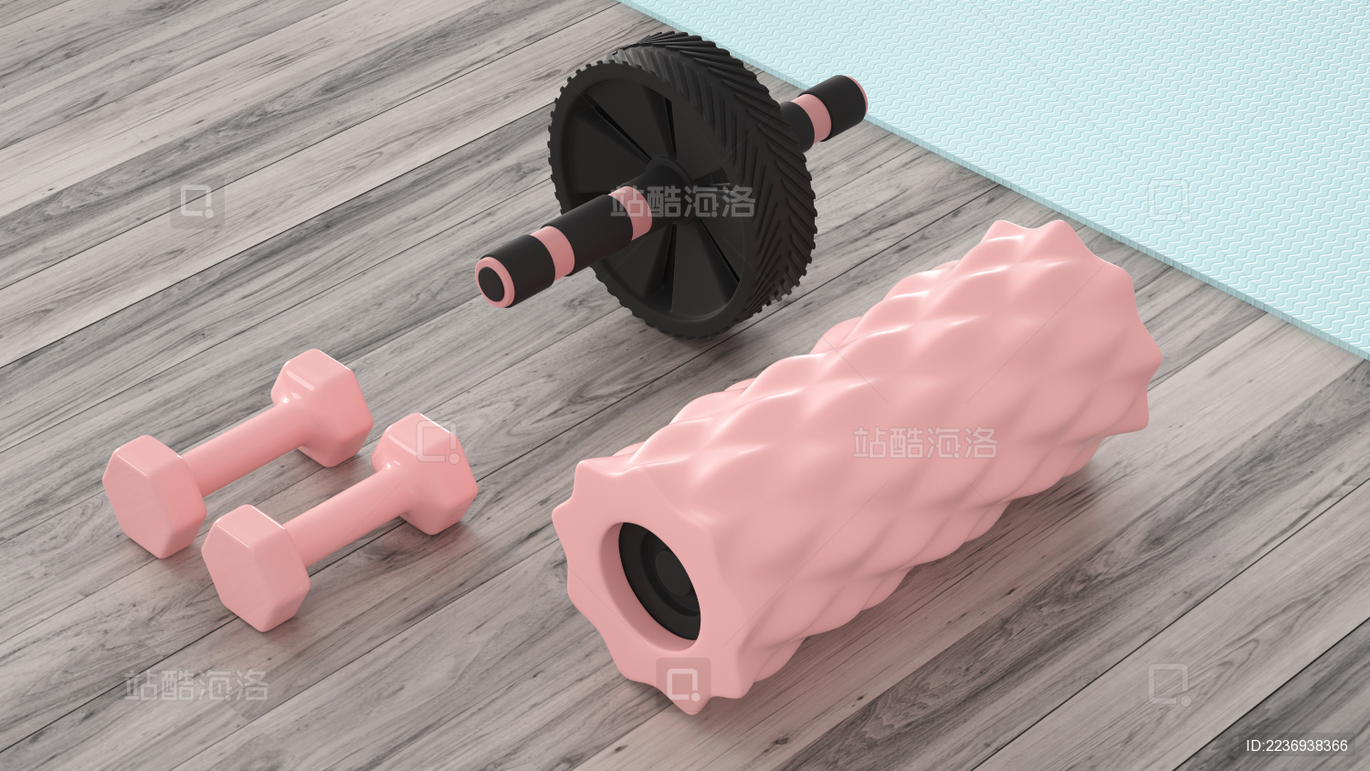 健身题材的木质地板上的塑胶健腹轮 泡沫轴和瑜伽垫 3d渲染