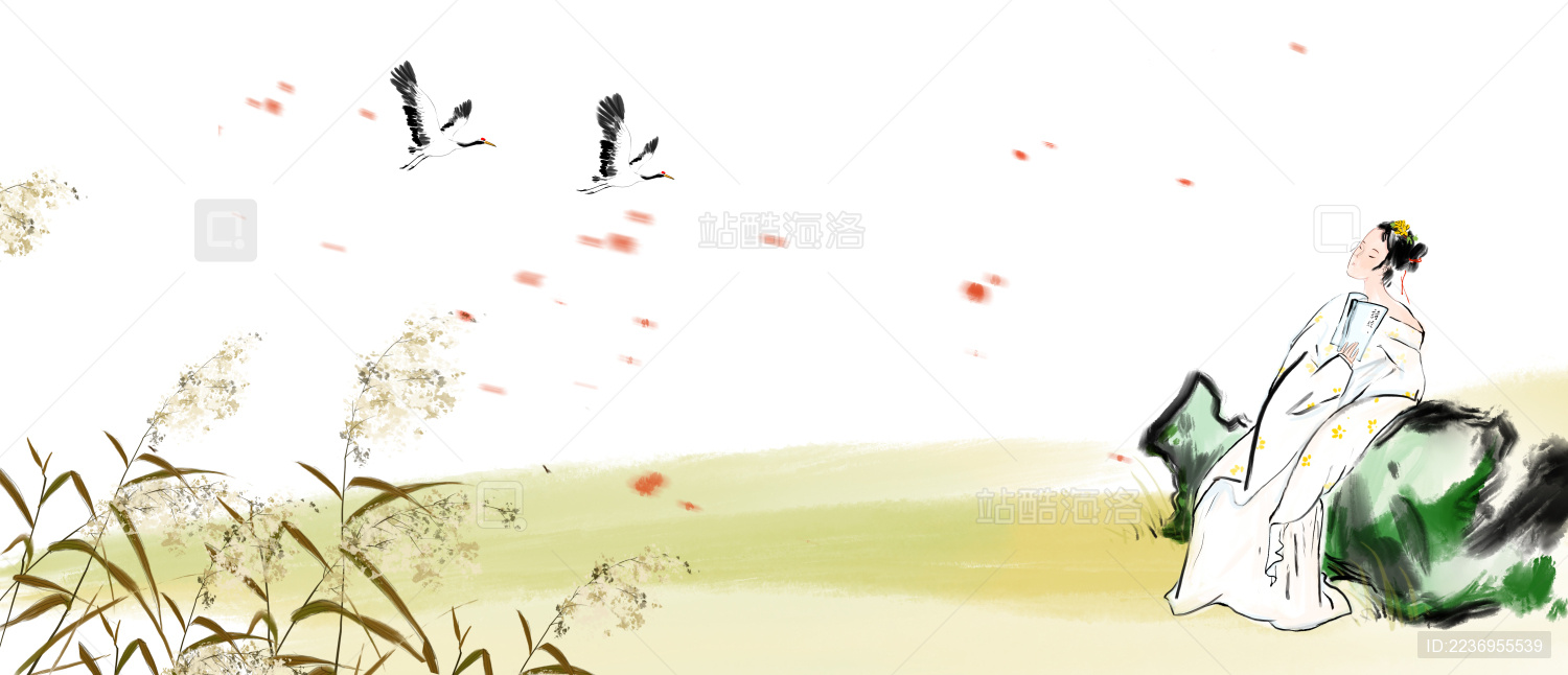 水墨风格古典诗词插画秋季里芦苇丛中仕女仙鹤