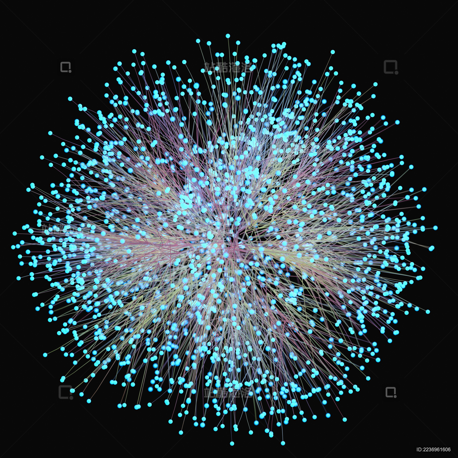 发散的蓝色发光小球与线条 三维渲染